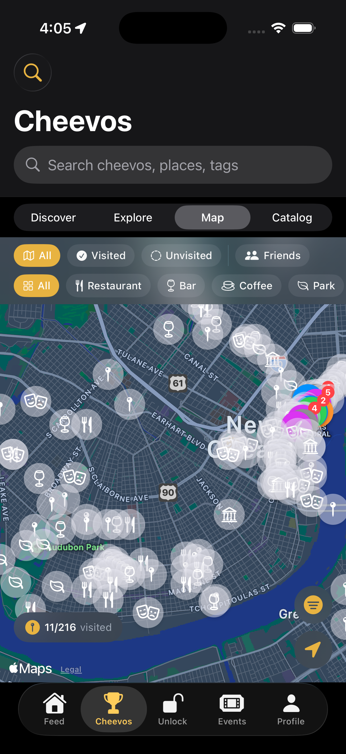 Cheevo map of New Orleans covered in achievement pins for places to visit
