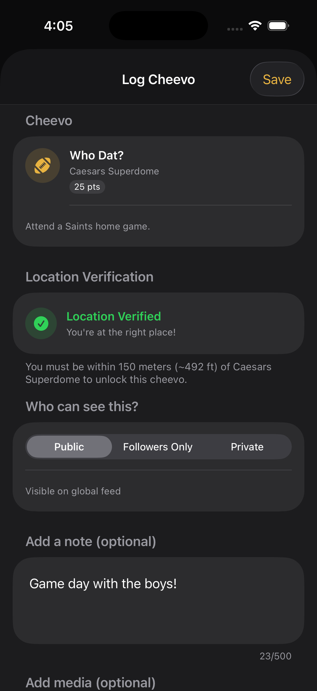 Cheevo check-in screen showing location verification at the Caesars Superdome