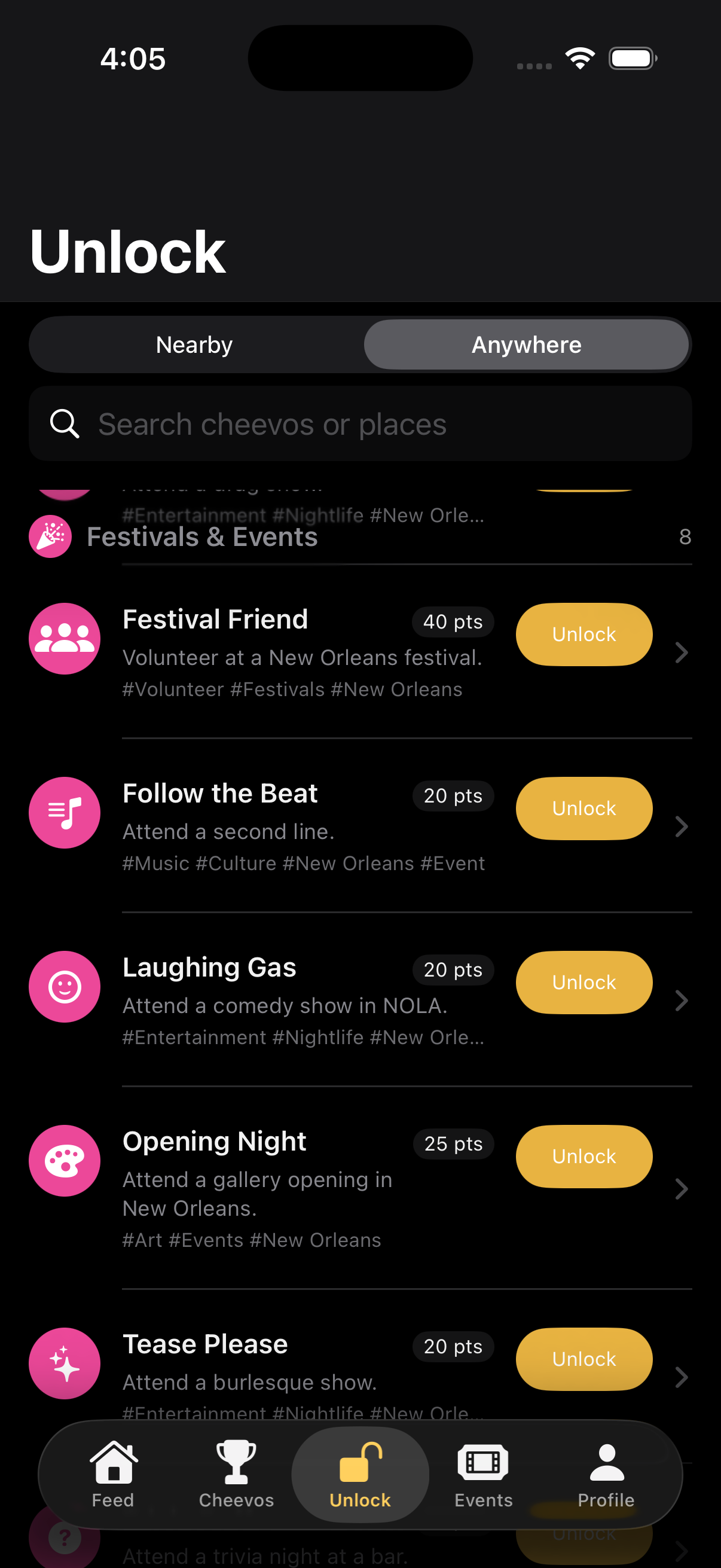 Cheevo nearby achievements list with New Orleans festival and nightlife check-ins